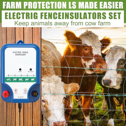 MorningRo Electric Fence Kit, 8 Mile 12kV 2J Electric Fence Charger AC/DC Powered with 50 Insulators, Socket Tool, 250ft Aluminum Wire for Livestock Control(Classic Ver.,Blue) - style: Classic Ver