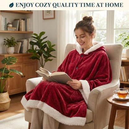 PAVILIA Hooded Blanket Poncho for Women, Fleece Wearable Shawl Wrap, Red | Fleece Shawl Wrap with Hood, Adult Wearable Blanket, Cozy Warm Poncho Cape Throw with Pockets, Gift for Elderly Mom - color: Wine