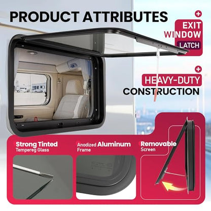 Wutist 30"W x 20"H RV Exit Window Push Out w/Screen & Trim Ring Emergency