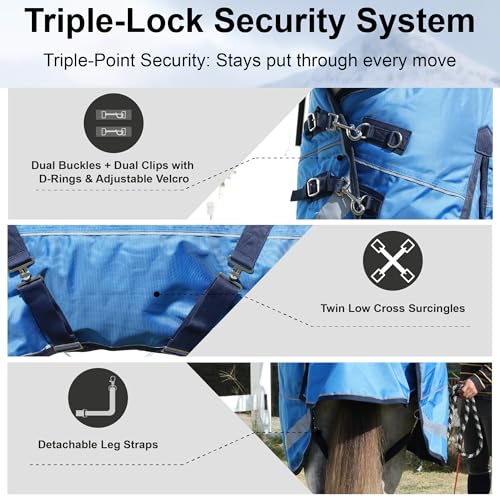 1680D Heavyweight Horse Blanket with 300g Insulation in Body and Hood, Full Neck Combo, Waterproof Breathable Insulated Winter Turnout Blanket Cyanblue 78 - size: 78"
