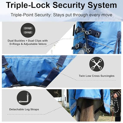 1680D Heavyweight Horse Blanket with 300g Insulation in Body and Hood, Full Neck Combo, Waterproof Breathable Insulated Winter Turnout Blanket Cyanblue 78 - size: 78"