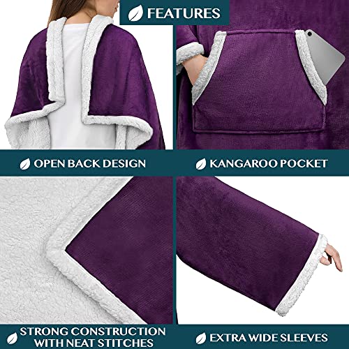 PAVILIA Sherpa Wearable Blanket with Sleeves and Pocket, Plush Thick Cozy Body Blanket Wrap for Adult Women Men, Christmas Gift for Wife Mom, Purple - color: Violet Purple