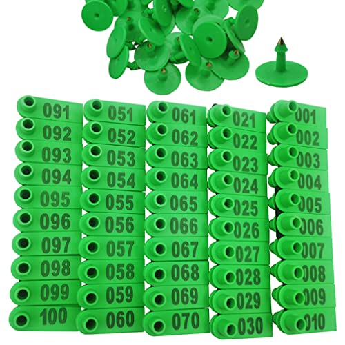 100PCS 001-100 Number Plastic Livestock Ear Tags Farm Animal Tags ID Tags Pink Green Blue Ear Tagger for Cow Cattle Sheep Goats Pigs Hogs Mark Label (Green) - color: Green