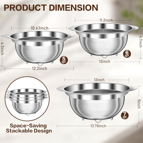 Large Strainers and Colanders, Big Stainless Steel Colanders for Kitchen, Stainless Steel Strainer Set of 3 (7 QT, 6 QT, 5 QT) for Draing Pasta Spaghetti Fruit Vegetable - size: 5+6+7QT