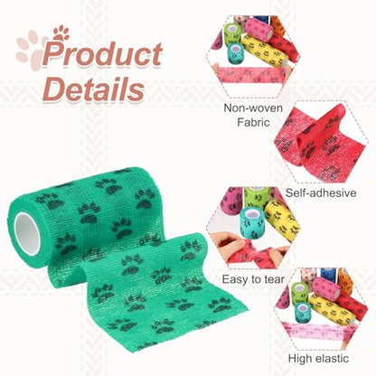 Pet Wrap Bandages, 4 Inch 5 Yard Self Adhesive Bandage Wrap, Pet Non-Woven Tape First Aid Cohesive Gauze, (Green/Paw, 2 Pcs), Intended for Dog/Cat/Bird/Legs/Paws/Wound - color: Green, size: 4 inch