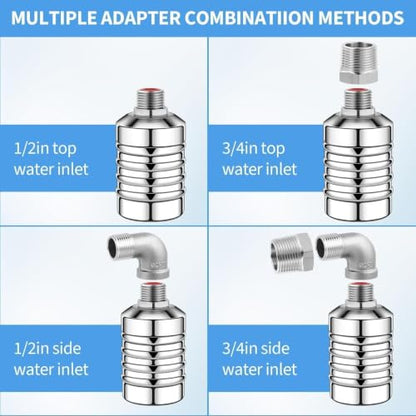 2Pcs Aquapulse Water Float Valve, Stainless Steel 1/2inch to 3/4inch Automatic Water Shut Off Float Valves for Garden Hose, Stock Tank, Water Tanks, Livestock Troughs, Pool, Water Trough