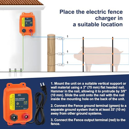 Electric Fence Energizer, 2-Mile/ 8 Acres Plug in Electric Fence Charger, Livestock Fence Charger for Dogs, Raccoons, Livestock, Squirrels, Chicken Coops, Skunks intruding, 0.1 Joule - color: Orange
