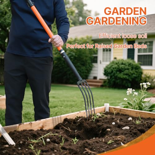 KOLEIYA 4-Tine Garden Fork,Heavy Duty Pitch Fork for Gardening,Digging Fork and Spading Fork for Loosening Soil,Compost Fork with Fiberglass Handle,45 Inch