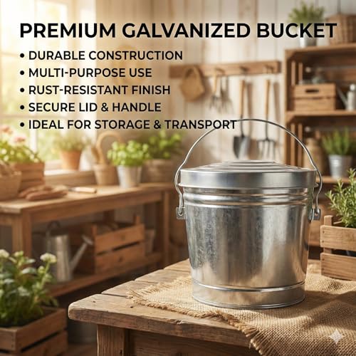 6-Gallon Galvanized Steel Round Trash Can with Locking Lid — Food Storage Container for Dry Goods, Indoor/Outdoor Use