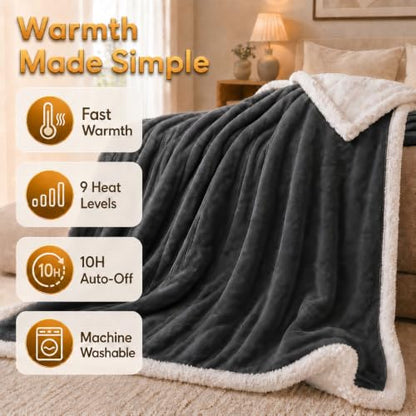 Heated Blanket Electric Throw Size 50''x60'' with 9 Heating Levels, 1-10 Hour Auto Shut Off, Machine Washable, Flannel & Sherpa Double-Sided Soft Warming Blanket for Couch, Bed, Office - Dark Grey - color: 02-dark Grey, size: 50''x60''(Throw)