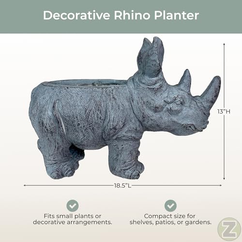 Zeckos Rhino Animal Planter, 18.5 Inch Wide Grey Textured Finish | Magnesium Oxide, 13 Inch Tall, Indoor or Outdoor Display, Drain Holes, 4 X 7.5 Inch Opening, 7.5 Inch Deep - color: Rhino - Grey