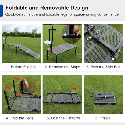 Foldable Goat Stand with Removable Ramp, 51x23" Livestock Trimming Stand with Feed Tray, Metal Goat Sheep Stand 500lbs Capacity for Trimming Shearing Milking Hoof with Adjustable Headpiece & Height