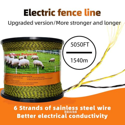 Upgraded Electric Fence Polywire 5050 Feet 1540 Meters, 6 Stainless Steel Strands for Reliable Conductivity and Rust Resistance, Easy to Install,Portable Electric Fencing,Yellow and Black Color