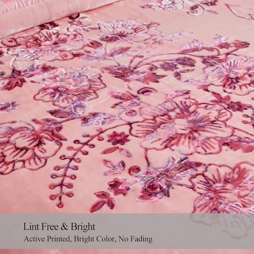 JML Raschel Fleece Heavy Blanket King, 87" x 94", Flowers Branches Pink | Korean Style, 2 Ply, A&B Printed, Embossed, Silky Soft, Cozy ,Thick, Warm for Winter - color: Flowers Branches Pink