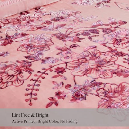 JML Raschel Fleece Heavy Blanket King, 87" x 94", Flowers Branches Pink | Korean Style, 2 Ply, A&B Printed, Embossed, Silky Soft, Cozy ,Thick, Warm for Winter - color: Flowers Branches Pink