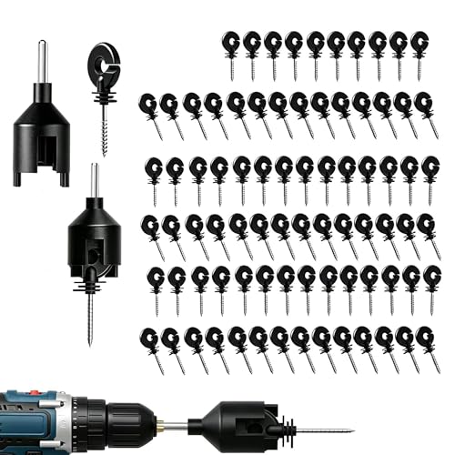 Electric Fence Insulator 80 Pcs Screw with 1 Insulator Socket Tool, Black,PP/PE Screw-in Fence Ring Post Insulator for Wood Post, Fits 8-30 Gauge High-Tensile Wire/Polywire/Tape/Rope