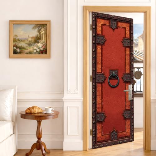 Medieval Red Door Mural, Rustic Iron Studded Door Cover - color: Colorful1669