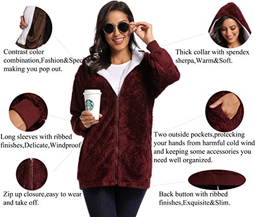 Fleece Coat for Women,Women's Oversized Zip Up Hooded Jacket Winter Plus Size Sherpa Coat - color: Awinered, size: Small