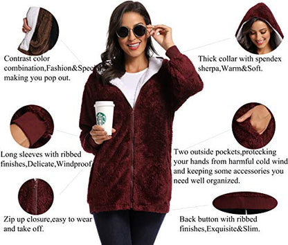 Fleece Coat for Women,Women's Oversized Zip Up Hooded Jacket Winter Plus Size Sherpa Coat - color: Awinered, size: Small