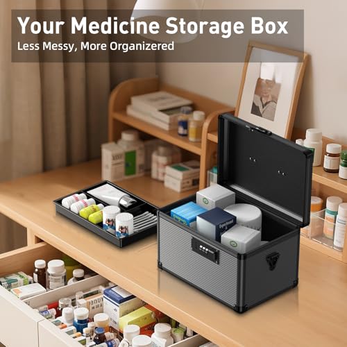 Medicine Lock Box with Code, Medication Lock Box with Removable Tray, Portable First Aid Box for Home&Travel, 10 * 6.9 * 6.9 Inch (Black) - size: Small-10inch