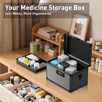 Medicine Lock Box with Code, Medication Lock Box with Removable Tray, Portable First Aid Box for Home&Travel, 10 * 6.9 * 6.9 Inch (Black) - size: Small-10inch