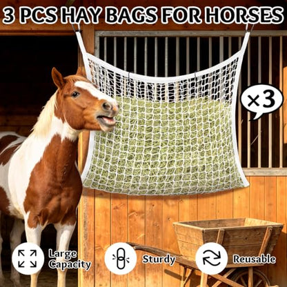 YedsIntu 3 Pcs Hay Bags for Horses, Slow Feed Hay Nets for Horses Goat Sheep, Large Capacity Hay Feeder for Stall, Trailer, Pasture (White) - size: 3PCS-White