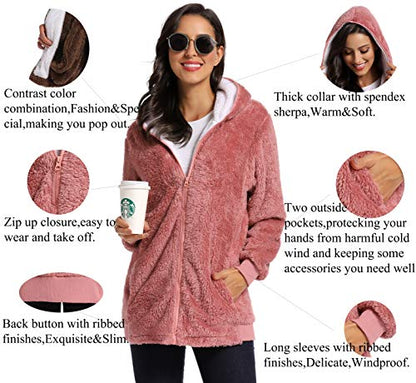 Fleece Coat for Women,Women's Oversized Zip Up Hooded Jacket Winter Plus Size Sherpa Coat - color: Apink, size: Medium