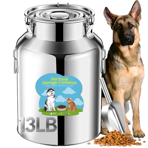 Newget 13lb Stainless Steel Dog Food Storage Container with Scoop | Airtight Seal, Hangable Lid for Easy Access, Scoop Included, for Cat Food, Bird Seed, Rice, Grain, Pantry Storage - size: 13 lb