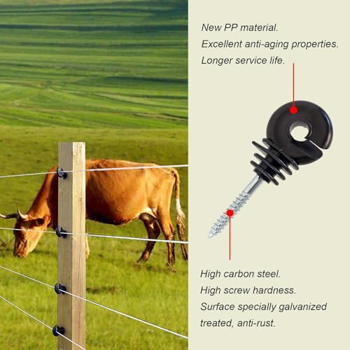 50 pcs Electric Fence Insulator, Black Self-Tapping Insulator, Fence Ring Post Screw-in Wood Post Insulator, with 1 pc Insulator Socket Tool (Fit for Electric Drill) - size: 50 pcs
