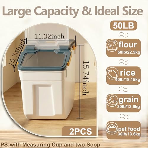 RUIAN 2Pcs Large Flour Storage Container Bin 50Lb Airtight Rice Storage Containers with Wheels Seal Locking Lid, BPA Free with Measuring Cup&Scoop for Flour, Rice, Grain 100LBS Total (Blue) - color: Blue,2 pcs,50lb