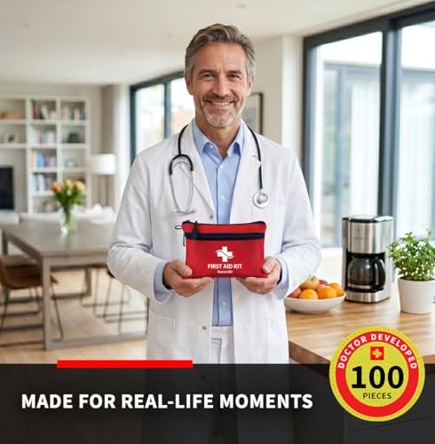 Protect Life Travel First Aid Kit for Car - Small Mini Emergency Kit, 100 Piece Waterproof First Aid Kit for Home, Camping, Boat & Hiking - Includes Emergency Blanket & First Aid Guide - size: 100 Pieces