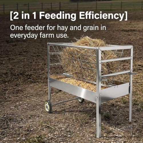 for Goats Sheep and Lambs Livestock Feeder, 2 in 1 Hay and Grain Freestanding Unit, Galvanized Steel Farm Feeder for Barn Pasture, Multi-Species Feeding Station