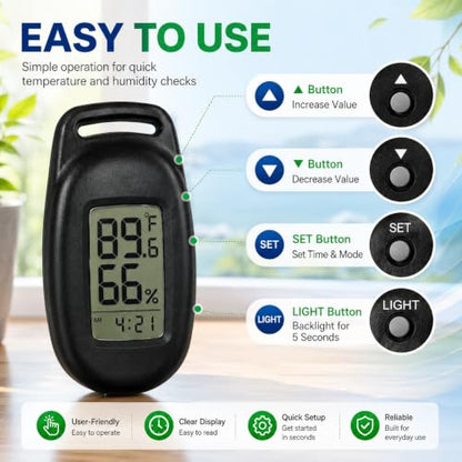 Portable Digital Thermometer Hygrometer, Mini Indoor Outdoor Temperature Humidity Monitor with Clock, Backlight & IPX4 Splash Proof, Compact Travel Thermometer for Backpack, Greenhouse, Camping