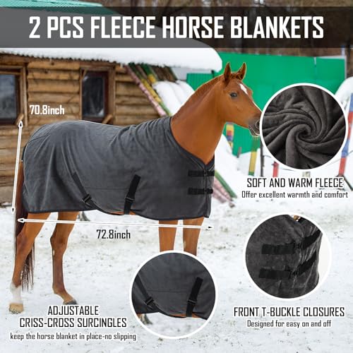 Shinylin 2 Pack 72.8 Inch Fleece Horse Cooler Blankets Cooling and Quick-Dry Horse Cooler Sheet with Double Side Anti-Pilling Breathable Fleece Moisture-Wicking Winter Blanket with Adjustable Buckle
