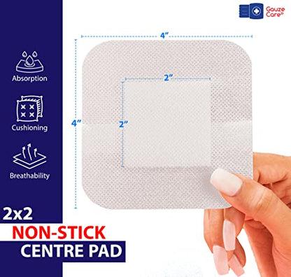 GauzeCare Island Dressing 4x4 inch 28 Pcs| Individually Packed Sterile Pouches| 2x2 Non-Stick Pad in Center with Acrylic Adhesive Borders| Water-Resistant Adhesive Pads for Wound Care and Dressing - size: 4x4 Inch - 28 Dressings