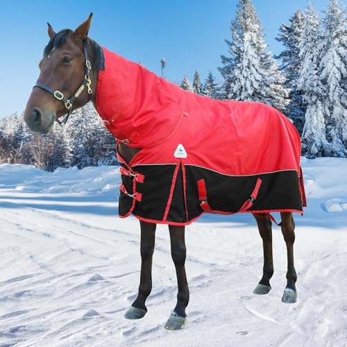 1680D All-Weather Horse Turnout Blanket with Detachable Neck Cover - 280g Medium Weight Winter Horse Blanket, Water-Resistant & Breathable for Cold Weather (72in/135cm) - color: Red&Black
