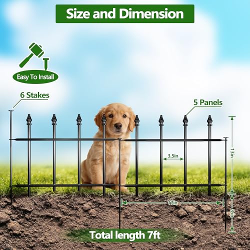 Decorative Metal Garden Fence，(5 Panels+ 6 Posts),Total Iength 7 ft(W) x 11 in(H), Small Metal Border Fence, Classic Roman Column Decoration, Garden and Lawn Landscape Fence, Black Animal Fence - size: 5 Panels-5 ft(W) x 12 in(H)