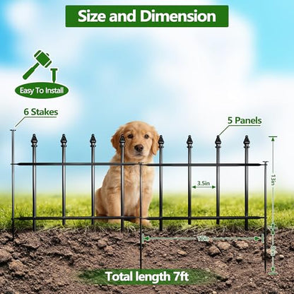 Decorative Metal Garden Fence，(5 Panels+ 6 Posts),Total Iength 7 ft(W) x 11 in(H), Small Metal Border Fence, Classic Roman Column Decoration, Garden and Lawn Landscape Fence, Black Animal Fence - size: 5 Panels-5 ft(W) x 12 in(H)