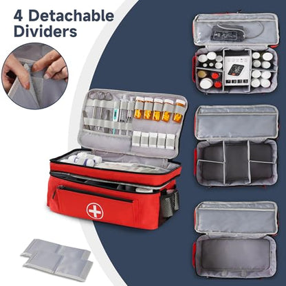 Medicine Organizer and Storage Bag Empty, Family First Aid Box, Pill Bottle Organizer Bag for Emergency Medication, Supplements or Medical Kits, Zippered Medicine Bag for Home and Travel (Red)