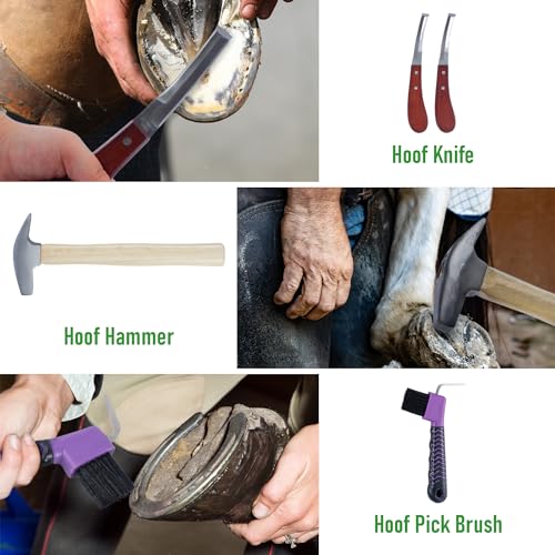 lukar 8PCS Farrier Tools Kit Horse Hoof Trimmers Set | with 16" Horse Hoof Nipper, 13" Horseshoe Cutting Pliers, 14" Hoof Nail Clincher, Hoof Hammer, Hoof Knife, Rasp File, Brush