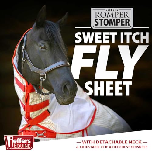 Jeffers Romper Stomper Sweet Itch Fly Sheet for Horses with Detachable Neck 75", Breathable Mesh Cotton Blend Top, UV & Insect Protection Horse Sheet, Lightweight Turnout Rug - White and Red - size: 75"