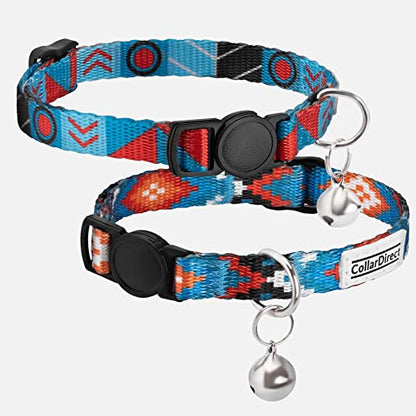 Tribal Aztec Cat Collar 2-Pack, Breakaway with Bell - color: Blue Ethnic & Aztec