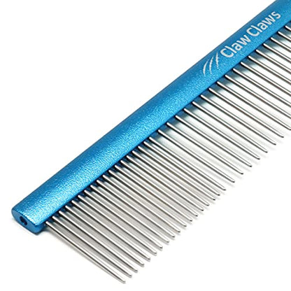 Greyhound Comb with Oval Handle for Dogs and Cats, Removing and Shedding Matted, Tangled Hair, Metal Comb with Stainless Steel Pins, Detangling Grooming Tool (9.8" Blue-20% fine pins) - color: Blue-20% fine pins, size: Medium