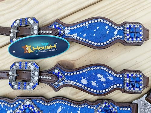 Western Leather Headstall & Breast Collar Set for Horses - Valentine’s Day Silver Metallic Cowhide with Rhinestones - color: Royal Blue