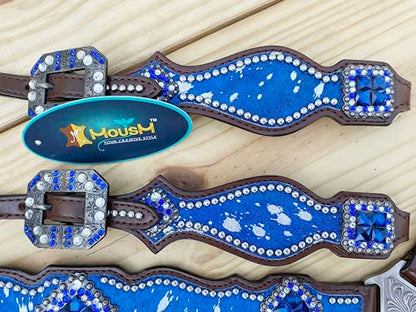 Western Leather Headstall & Breast Collar Set for Horses - Valentine’s Day Silver Metallic Cowhide with Rhinestones - color: Royal Blue