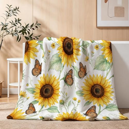 Sunflower and Butterfly Blanket Soft Throw Blanket 60" x 80" - color: Sunflower and Monarch Butterfly, size: 60"x80"