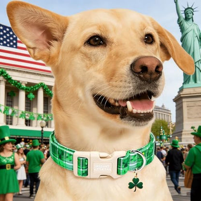 Elegant little tail St Patrick's Dog Collar - Green Plaid Cute Clover Cotton Shamrock Pet Collar Trefoil Adjustable Cotton Pet Collar with Quick Release Buckle for X-Small Dogs - color: Green Plaid, size: X-Small (Pack of 1)