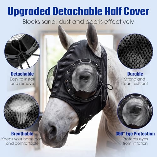 Adjustable Horse Fly Mask with Detachable Blinker, 60% UV Protection - color: Black