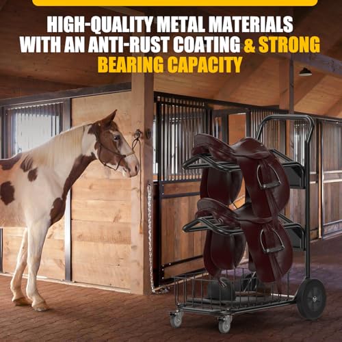Heavy Duty Rolling Saddle Rack Cart with Basket | Foldable Horse Tack Dolly, for Western & English Saddles, Bridles, Helmets, Horse Gear Storage, Show Cart for Easy Transport