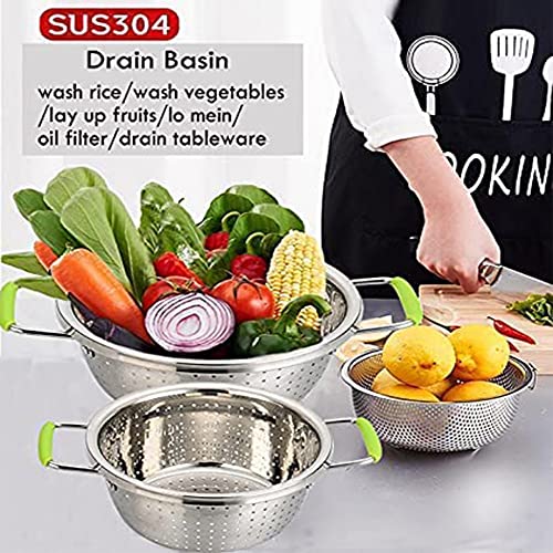 Stainless Steel Deep Colander Micro-perforated 2.5 Quart Metal Food Strainer with Green Silicone Handles for Draining Pasta Cleaning Food like Fruit - color: Green Double Handle 2.5 Quart